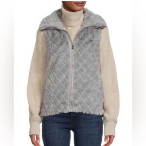 NWT Carmen Marc Valvo: Quilted Faux Fur Vest Grey Sz XS